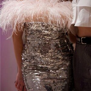 Sequin Strapless Dress with Feather Trim